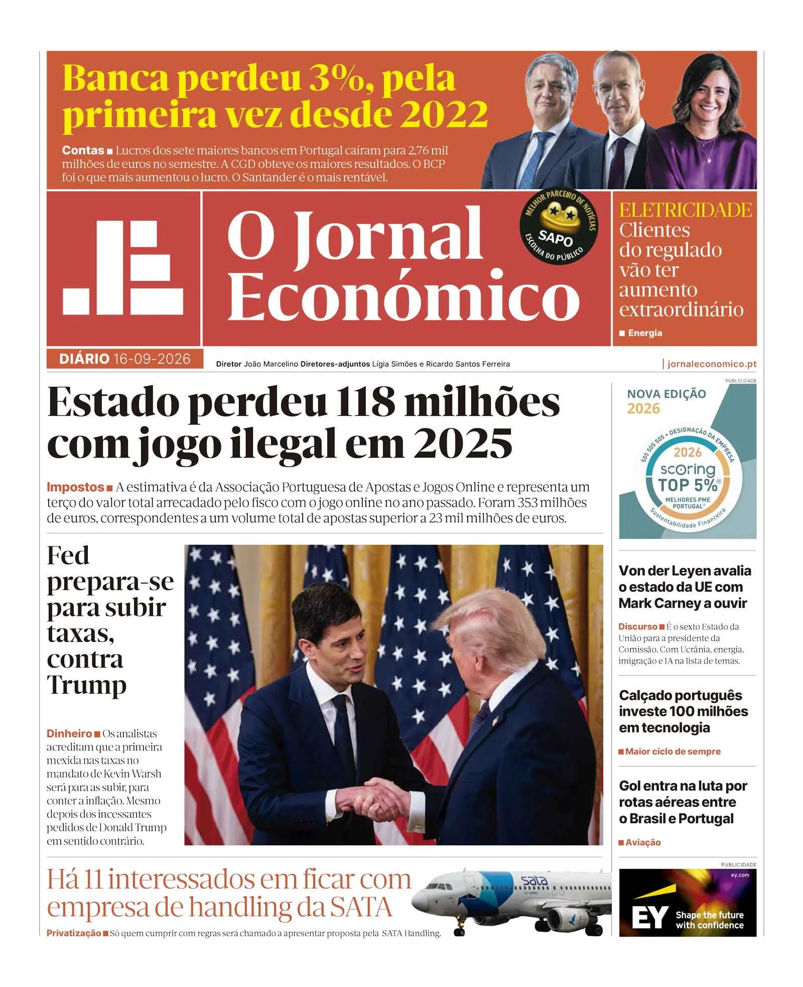 Capa do Jornal Económico de quarta-feira, 16 de setembro de 2026