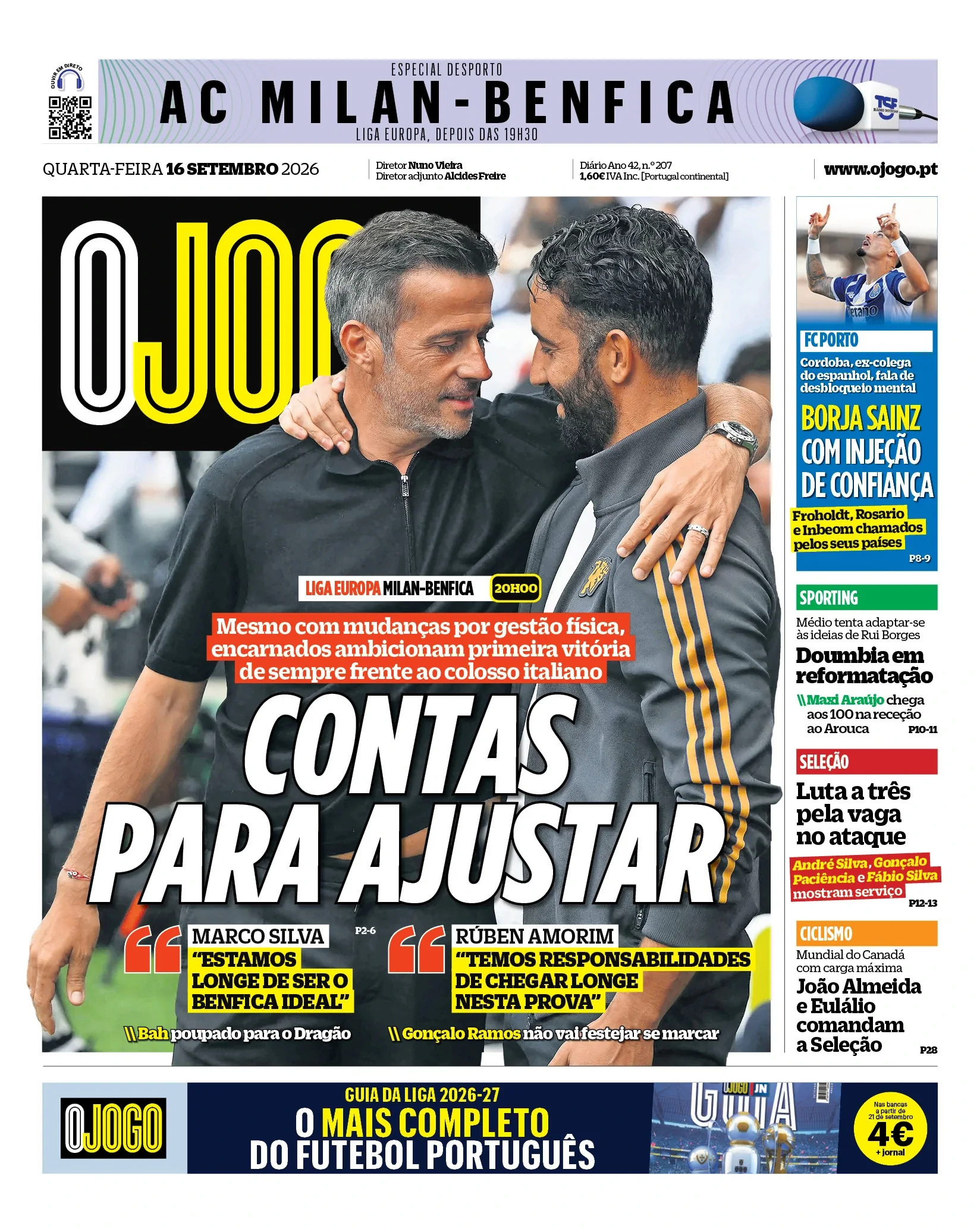 Capa do O Jogo de quarta-feira, 16 de setembro de 2026