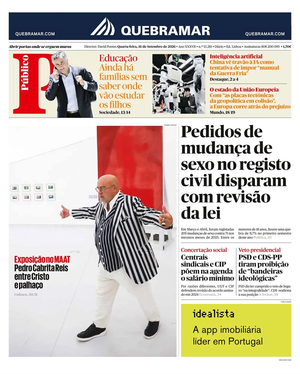Capa do Público de quarta-feira, 16 de setembro de 2026