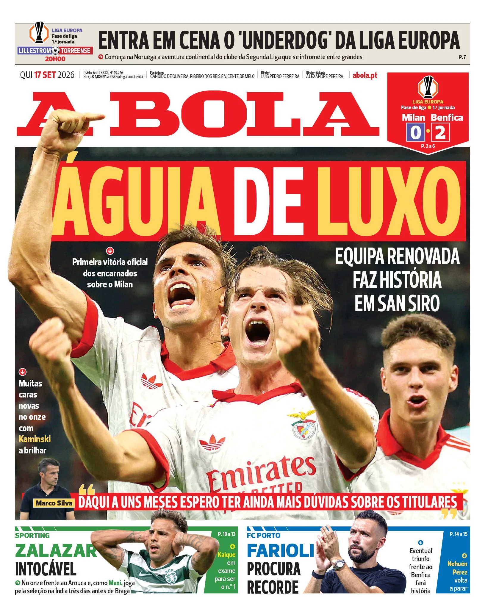 Capa do A Bola de quinta-feira, 17 de setembro de 2026