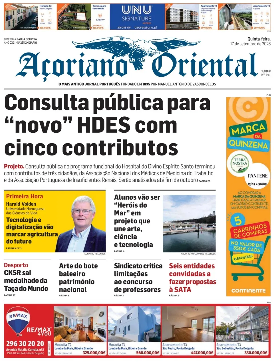 Capa do Açoriano Oriental de quinta-feira, 17 de setembro de 2026