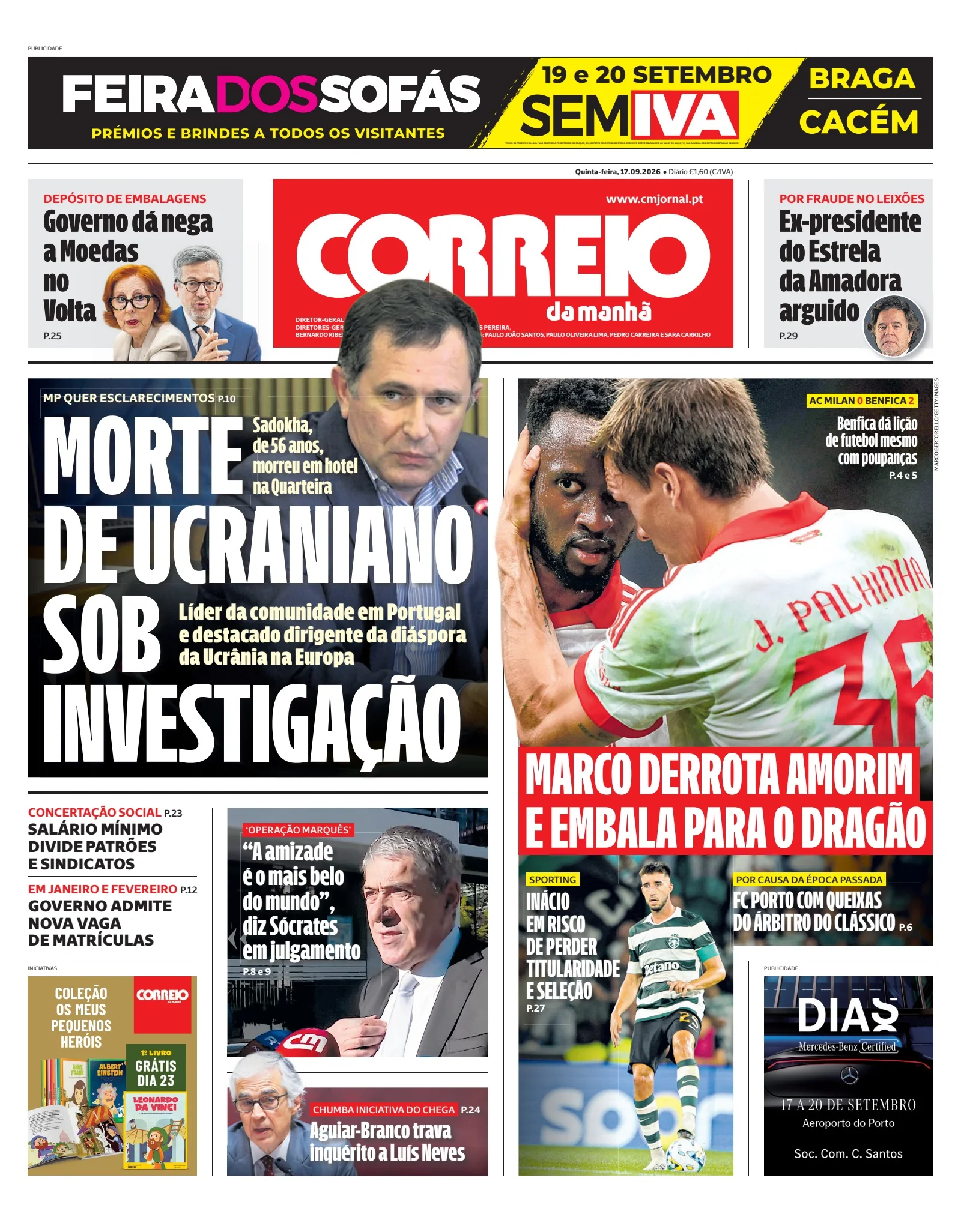 Capa do Correio da Manhã de quinta-feira, 17 de setembro de 2026