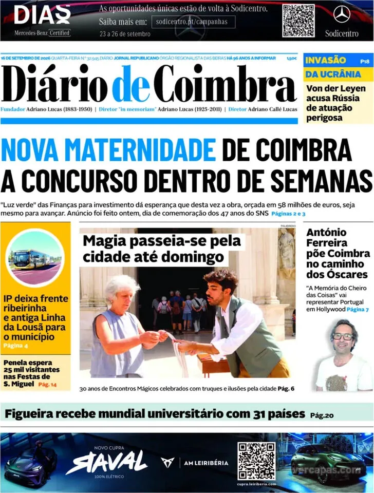 Capa do Diário de Coimbra de quinta-feira, 17 de setembro de 2026