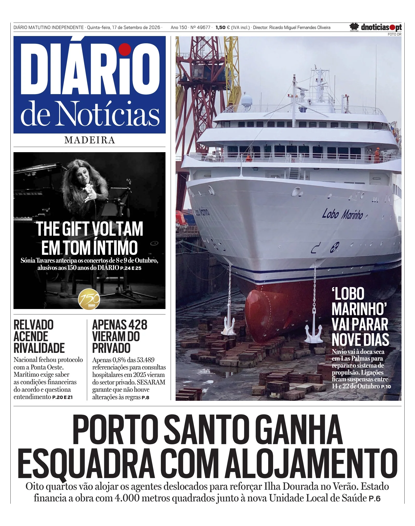 Capa do Diário de Notícias da Madeira de quinta-feira, 17 de setembro de 2026