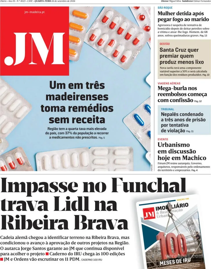 Capa do Jornal da Madeira de quinta-feira, 17 de setembro de 2026