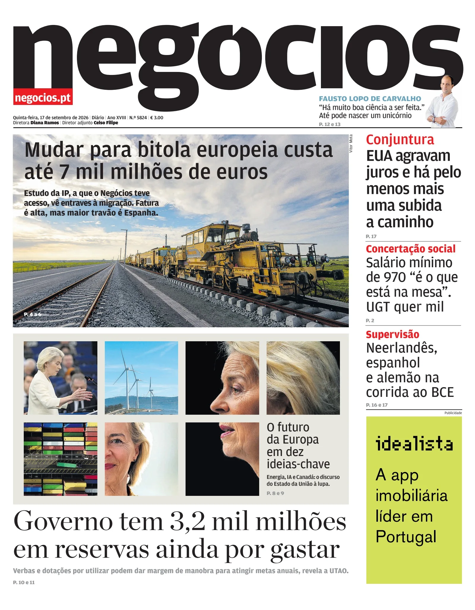 Capa do Jornal de Negócios de quinta-feira, 17 de setembro de 2026