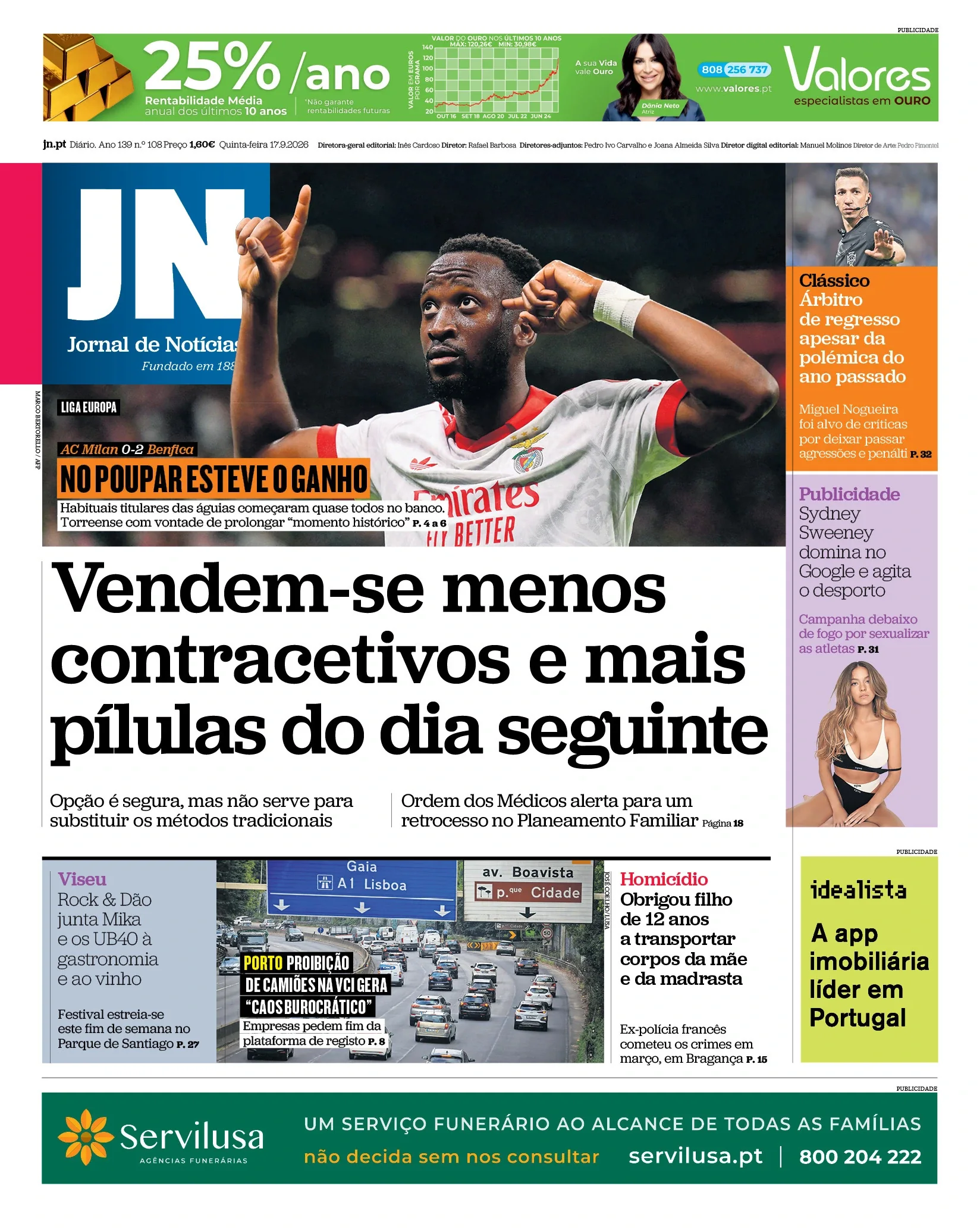 Capa do Jornal de Notícias de quinta-feira, 17 de setembro de 2026