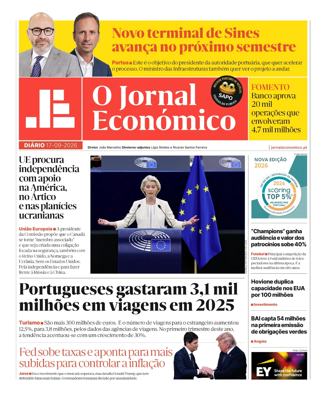 Capa do Jornal Económico de quinta-feira, 17 de setembro de 2026