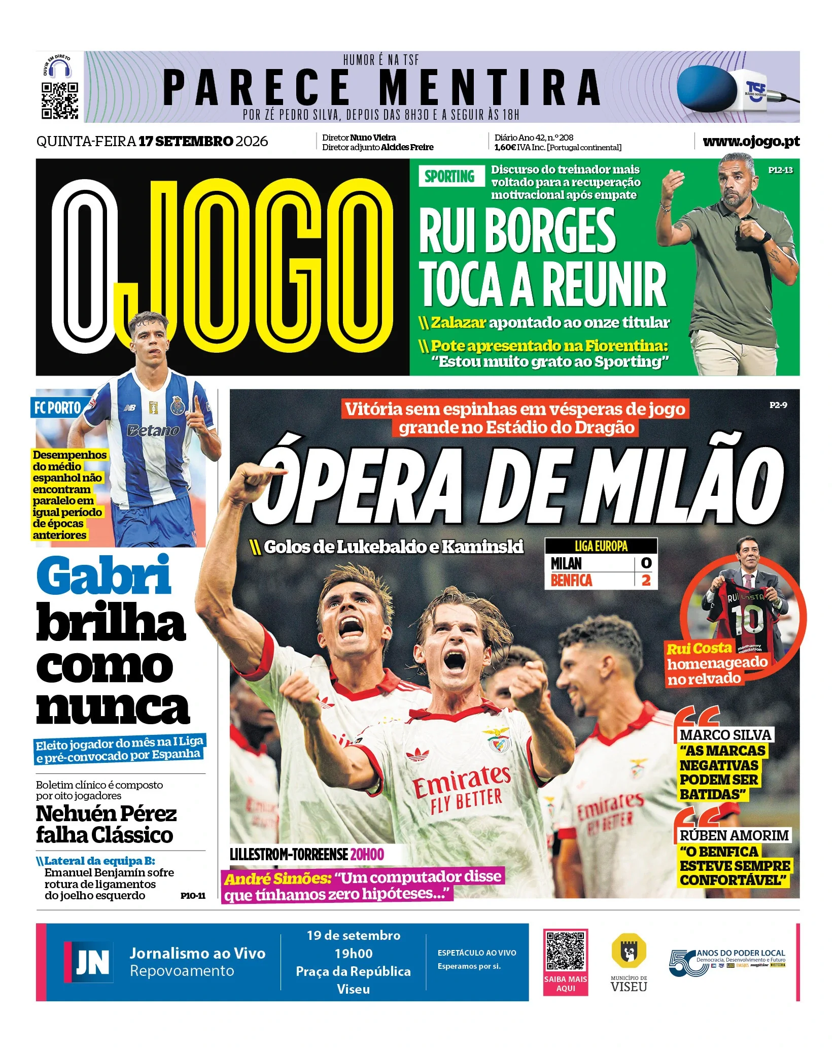 Capa do O Jogo de quinta-feira, 17 de setembro de 2026