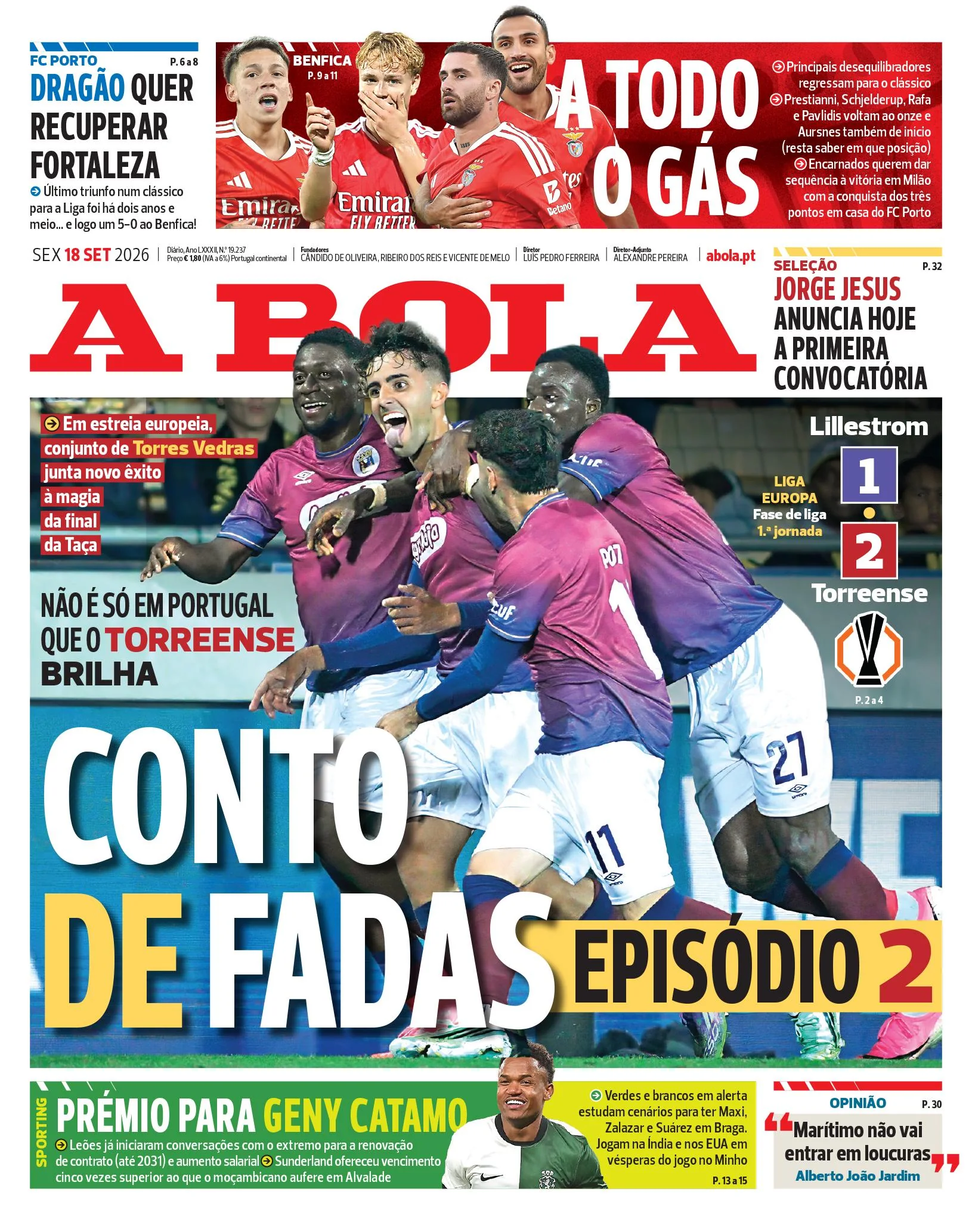 Capa do A Bola de sexta-feira, 18 de setembro de 2026