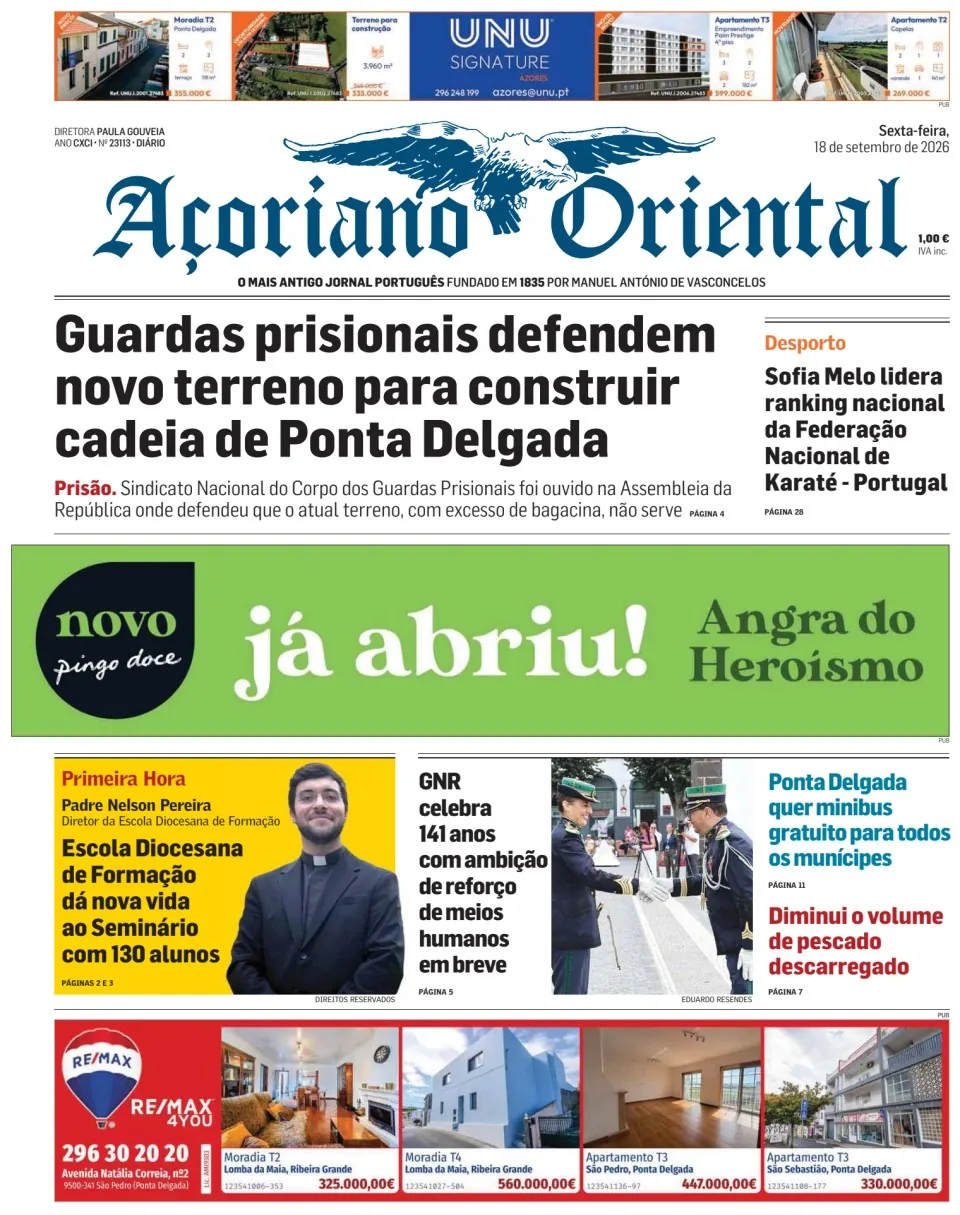 Capa do Açoriano Oriental de sexta-feira, 18 de setembro de 2026