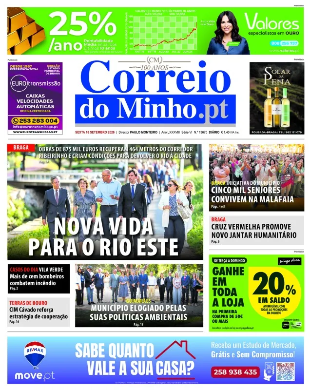 Capa do Correio do Minho de sexta-feira, 18 de setembro de 2026