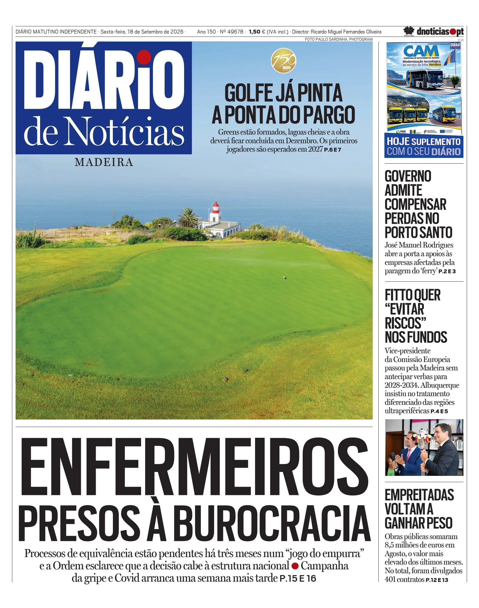 Capa do Diário de Notícias da Madeira de sexta-feira, 18 de setembro de 2026