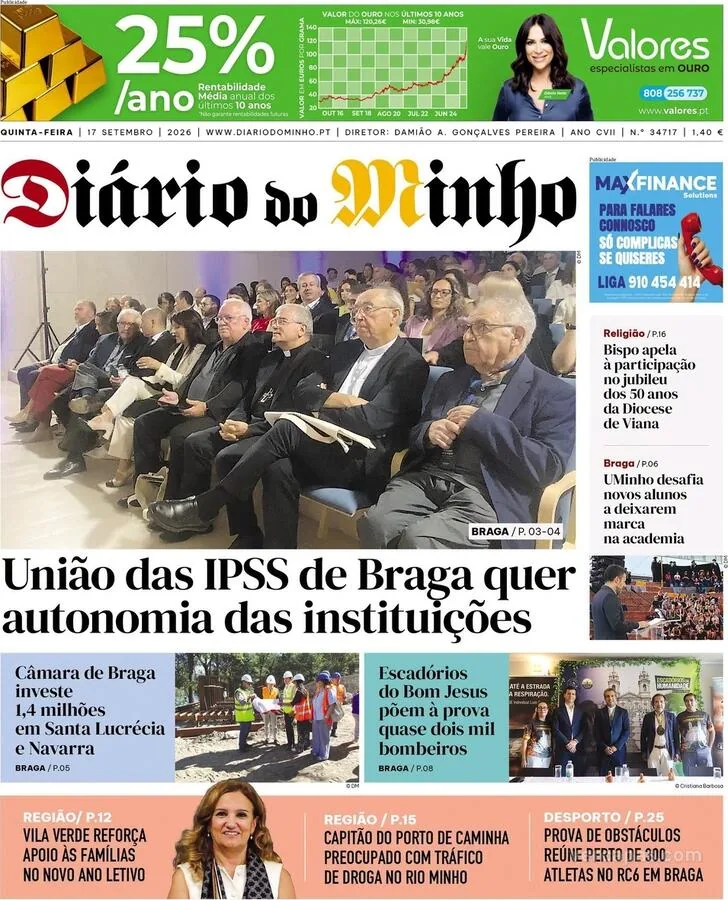 Capa do Diário do Minho de sexta-feira, 18 de setembro de 2026