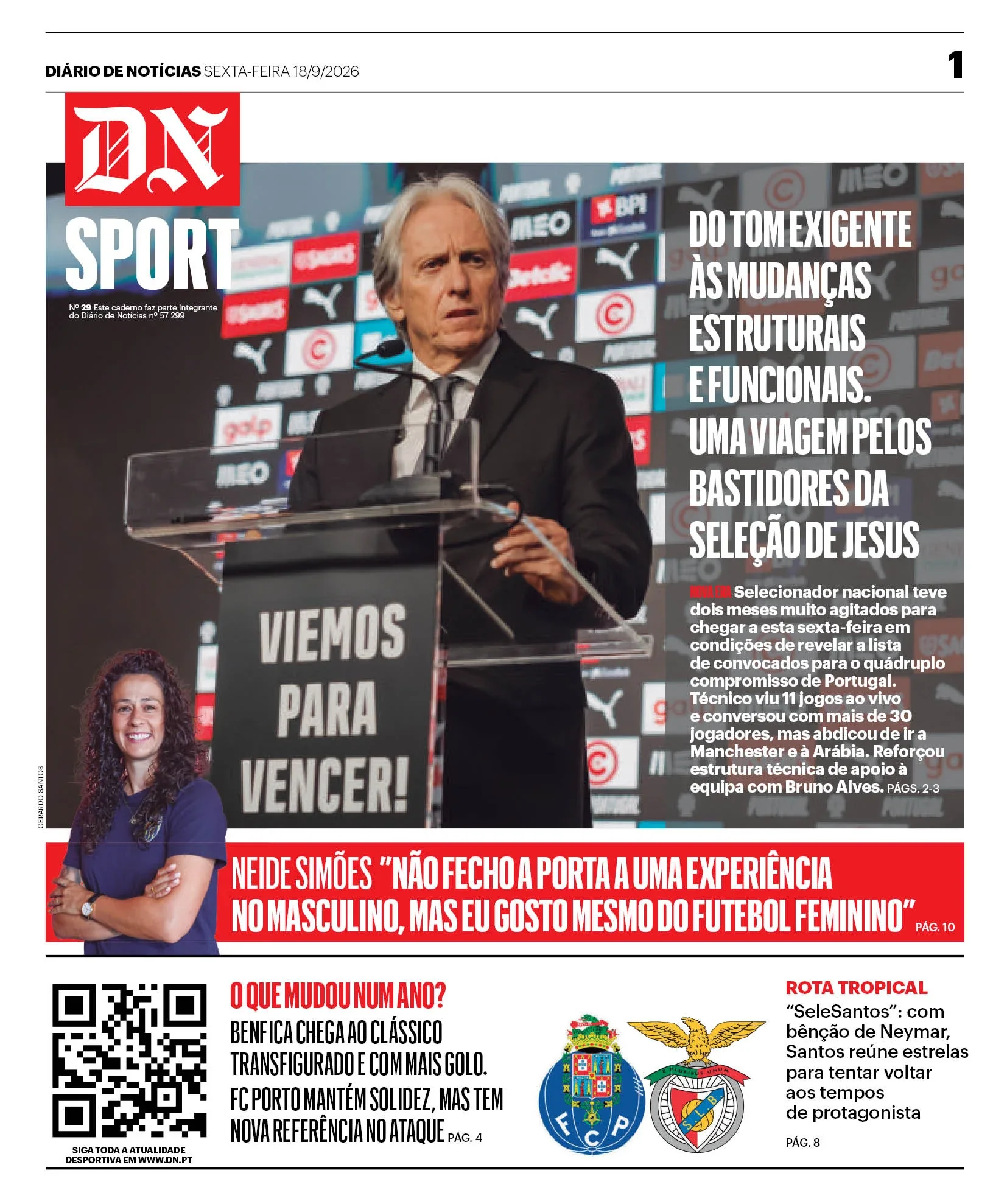 Capa do DN Sport de sexta-feira, 18 de setembro de 2026