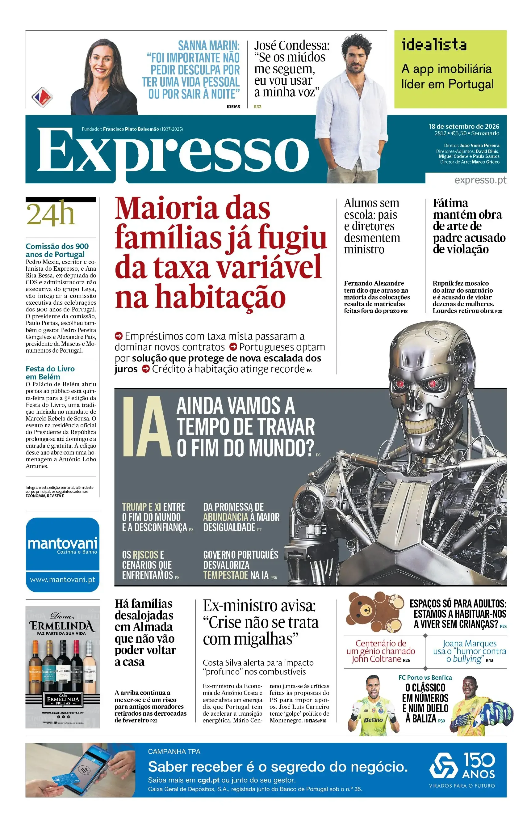 Capa do Expresso de sexta-feira, 18 de setembro de 2026