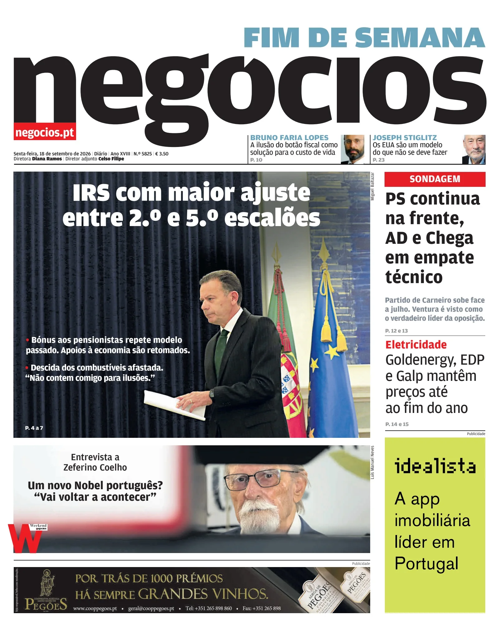 Capa do Jornal de Negócios de sexta-feira, 18 de setembro de 2026