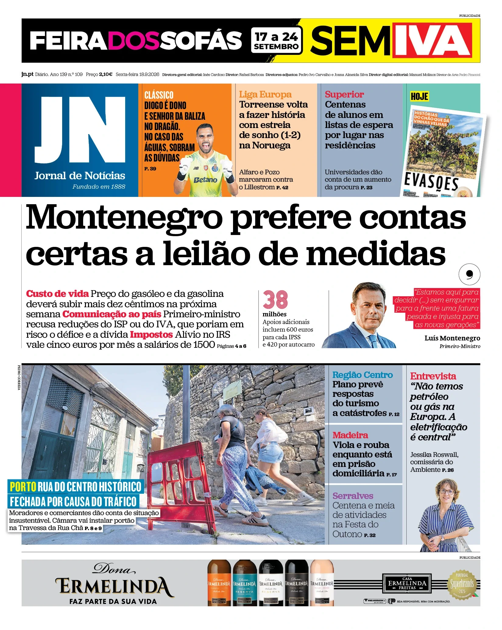 Capa do Jornal de Notícias de sexta-feira, 18 de setembro de 2026