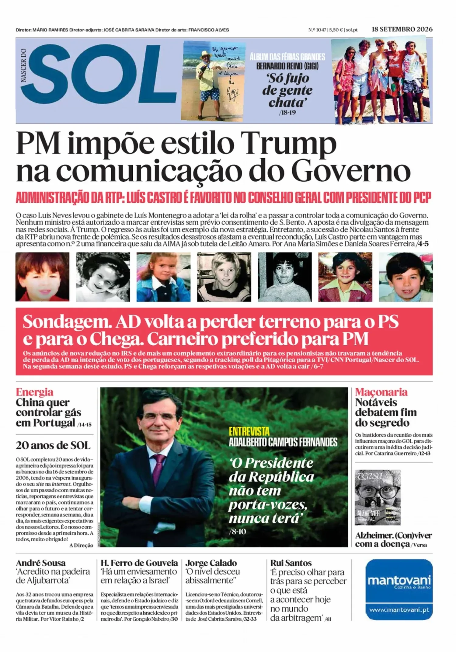 Capa do Nascer do SOL de sexta-feira, 18 de setembro de 2026