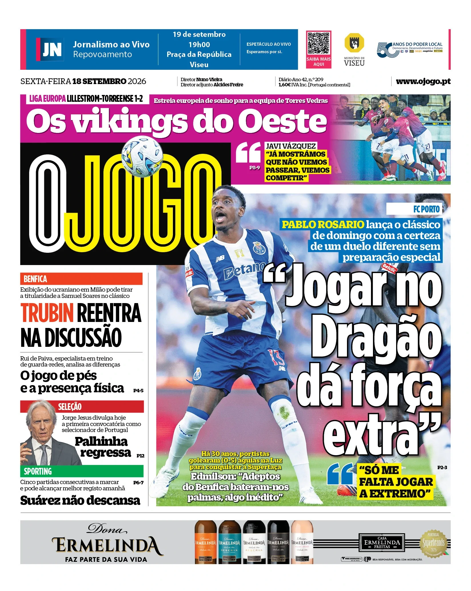Capa do O Jogo de sexta-feira, 18 de setembro de 2026