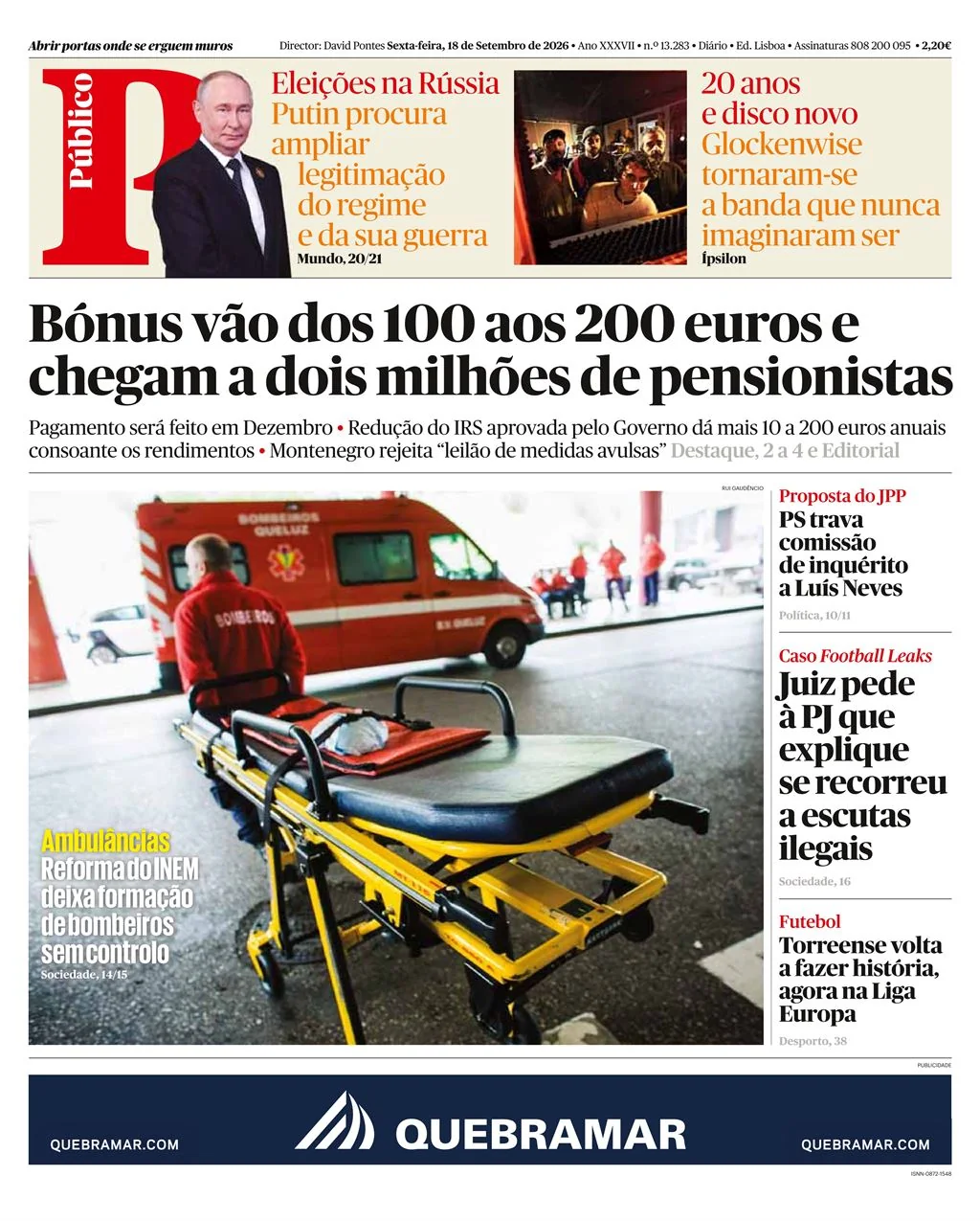 Capa do Público de sexta-feira, 18 de setembro de 2026