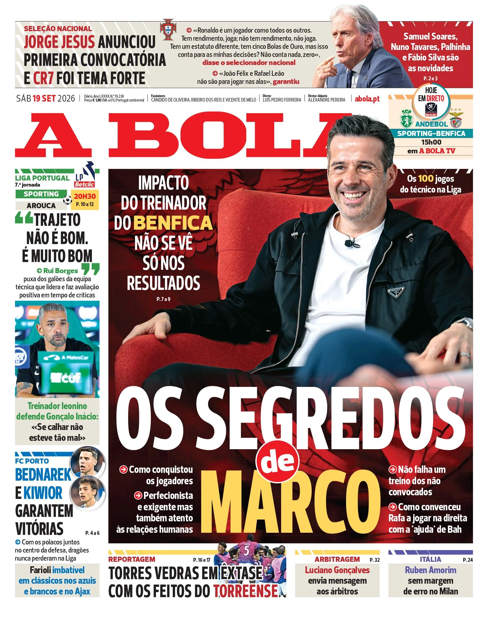 Capa do A Bola de sábado, 19 de setembro de 2026