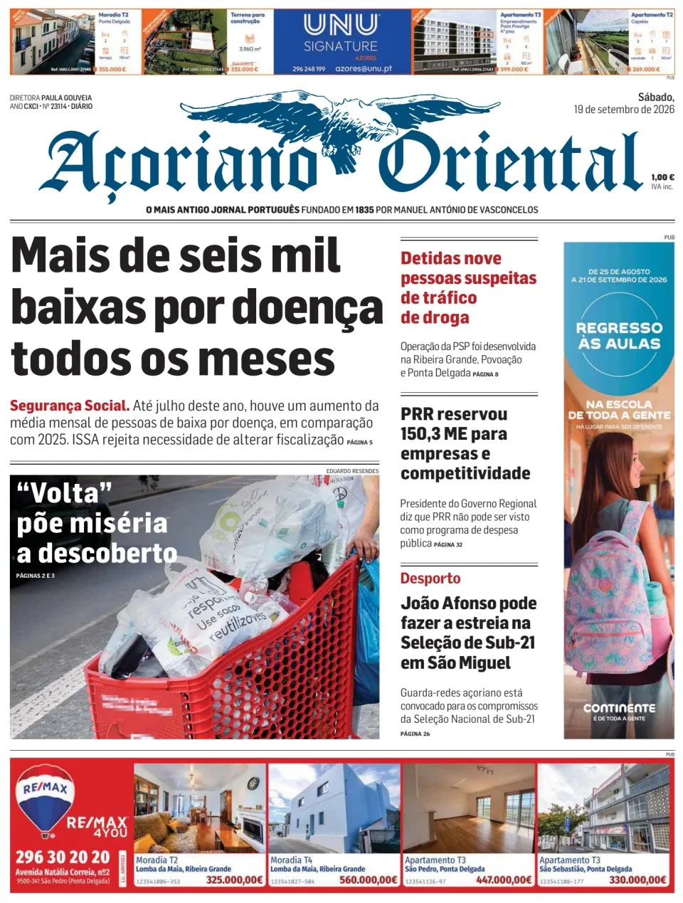 Capa do Açoriano Oriental de sábado, 19 de setembro de 2026