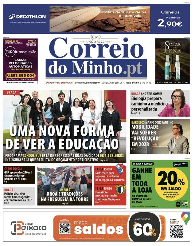 Capa do Correio do Minho de sábado, 19 de setembro de 2026