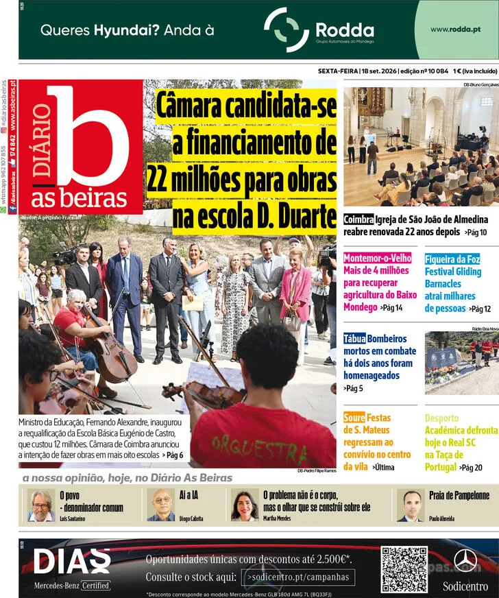 Capa do Diário As Beiras de sábado, 19 de setembro de 2026
