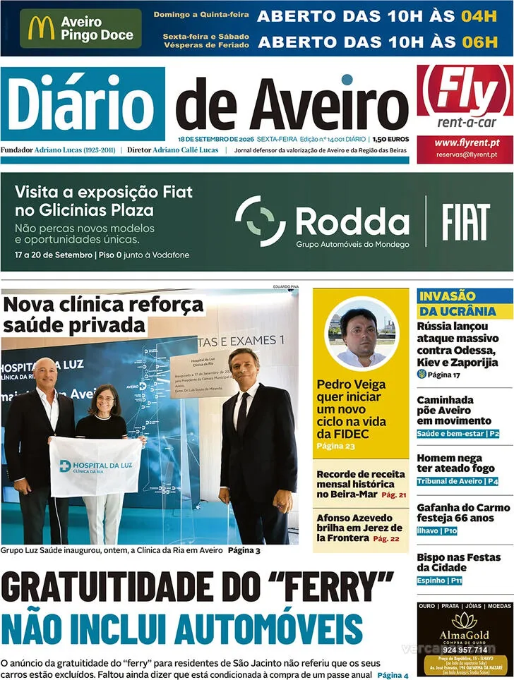 Capa do Diário de Aveiro de sábado, 19 de setembro de 2026