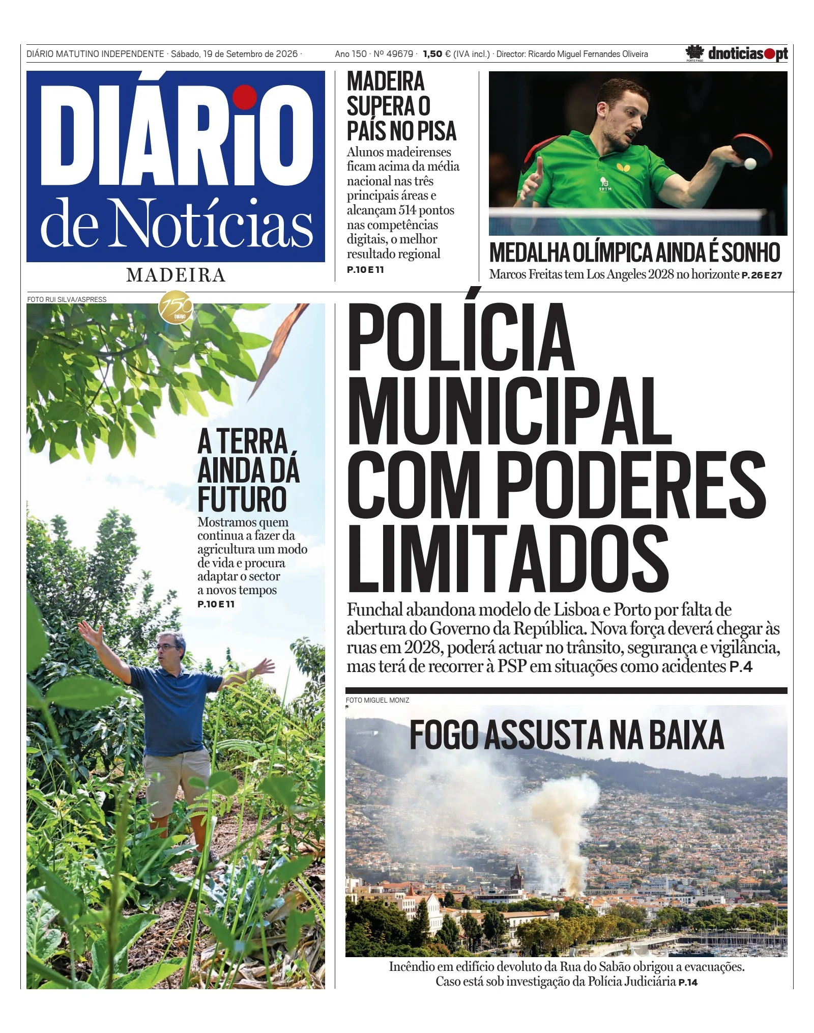 Capa do Diário de Notícias da Madeira de sábado, 19 de setembro de 2026