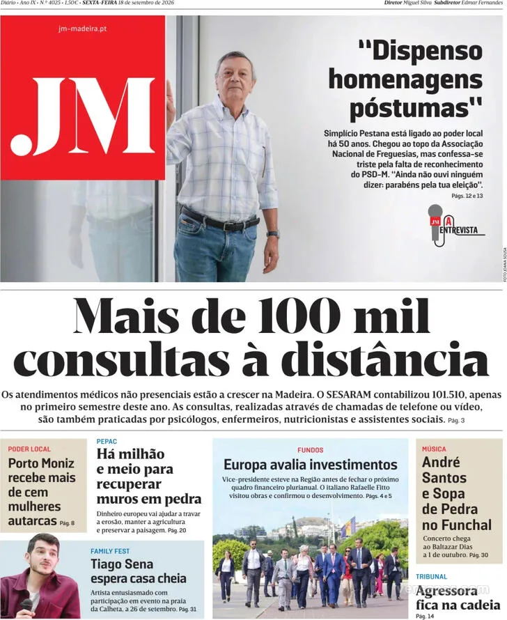 Capa do Jornal da Madeira de sábado, 19 de setembro de 2026