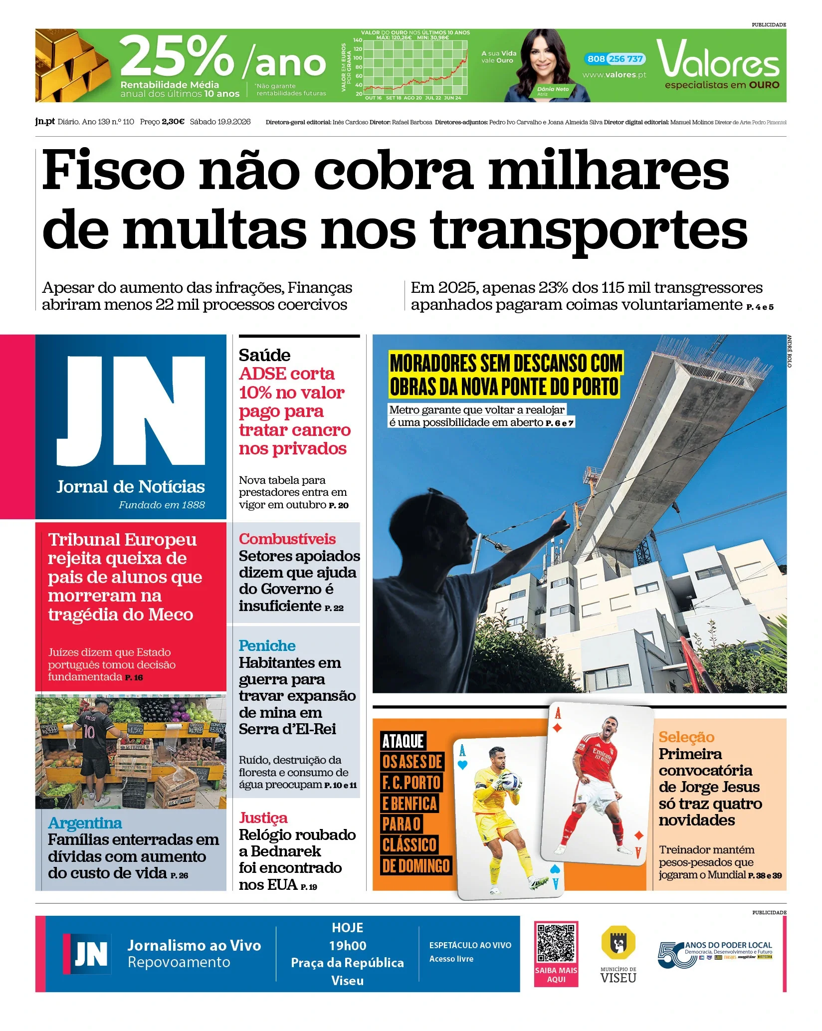 Capa do Jornal de Notícias de sábado, 19 de setembro de 2026