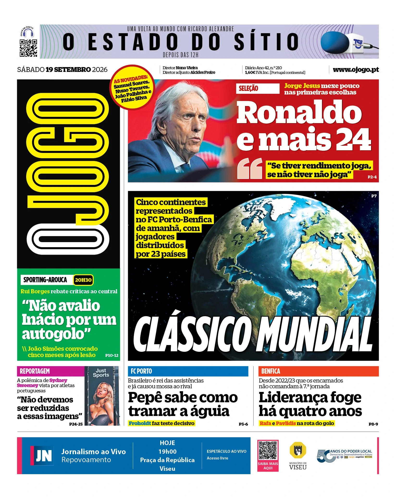 Capa do O Jogo de sábado, 19 de setembro de 2026