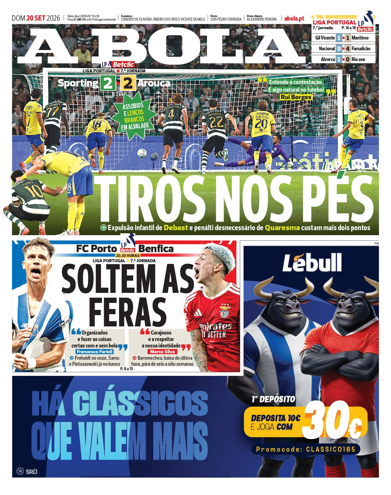 Capa do A Bola de domingo, 20 de setembro de 2026