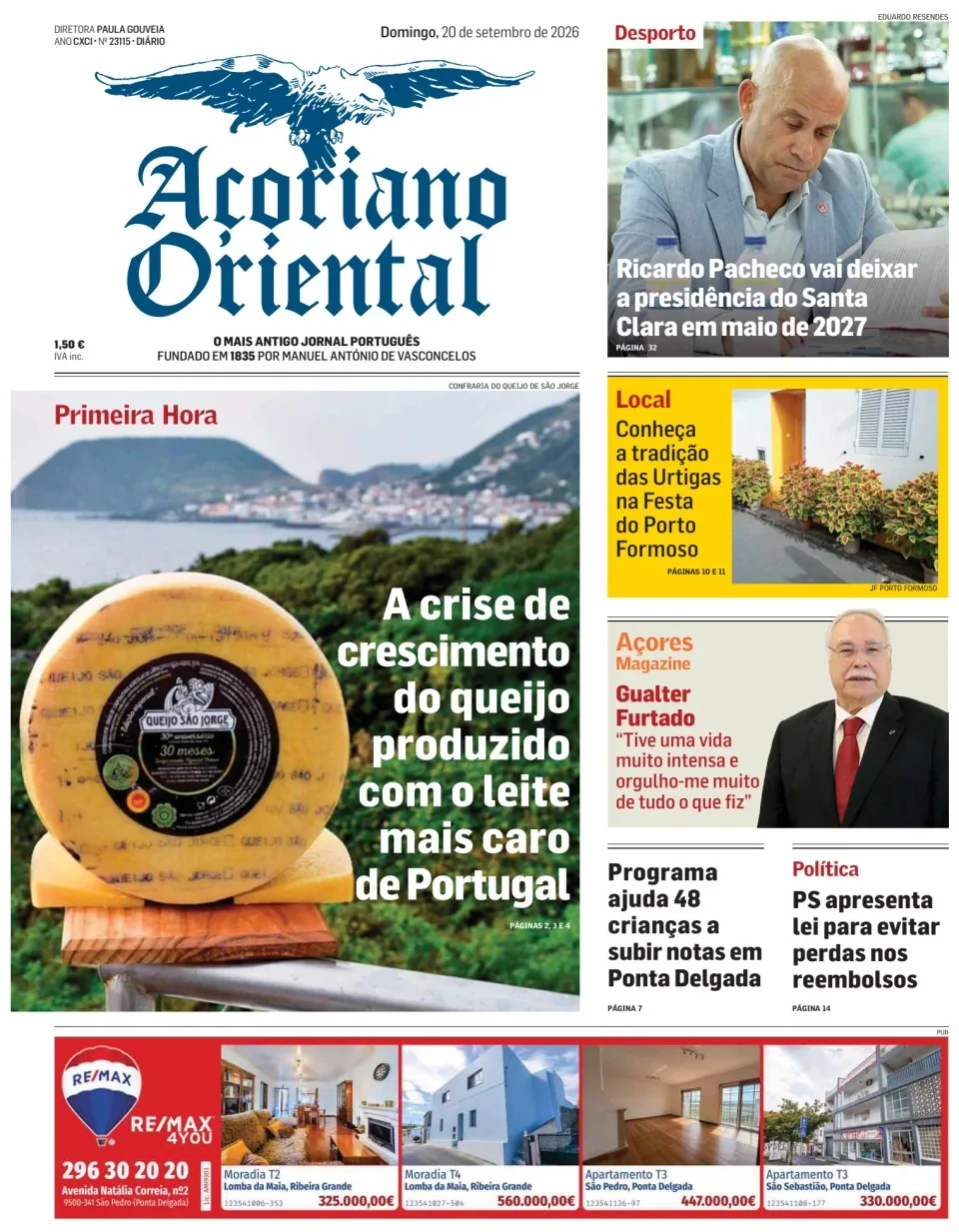 Capa do Açoriano Oriental de domingo, 20 de setembro de 2026