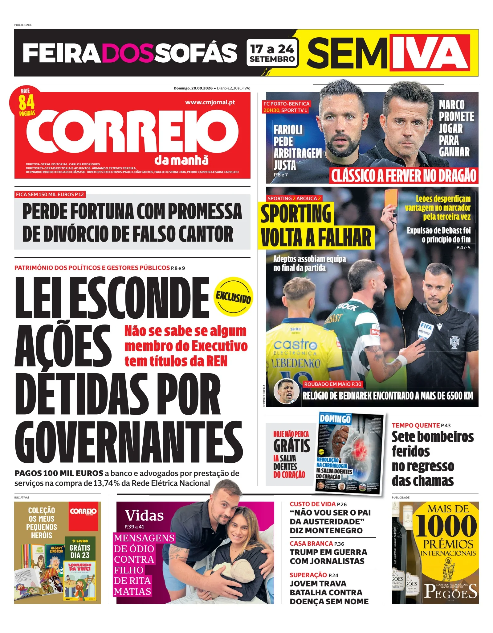 Capa do Correio da Manhã de domingo, 20 de setembro de 2026