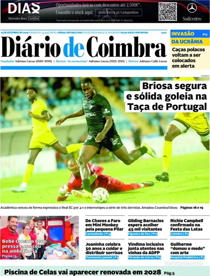 Capa do Diário de Coimbra de domingo, 20 de setembro de 2026