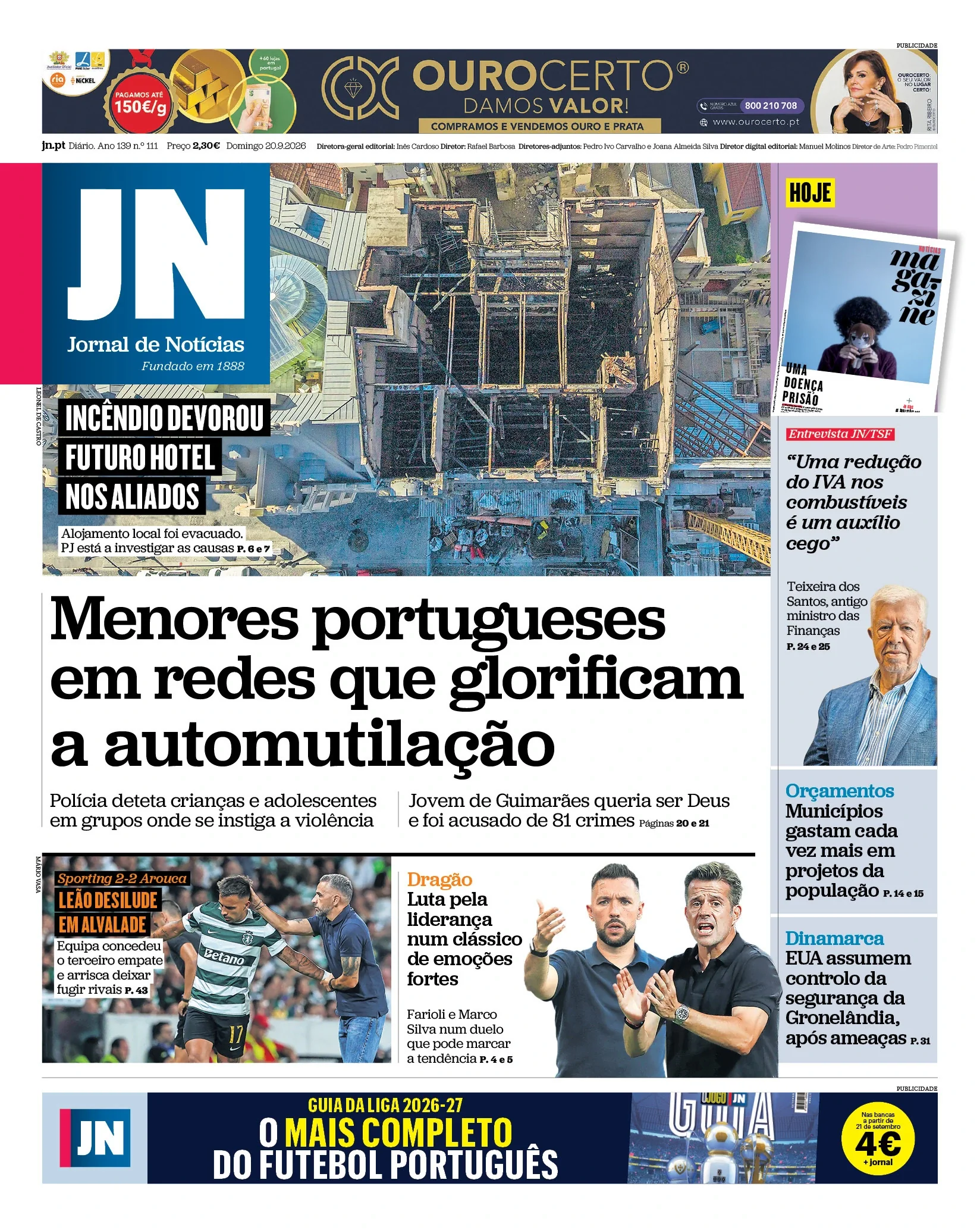 Capa do Jornal de Notícias de domingo, 20 de setembro de 2026