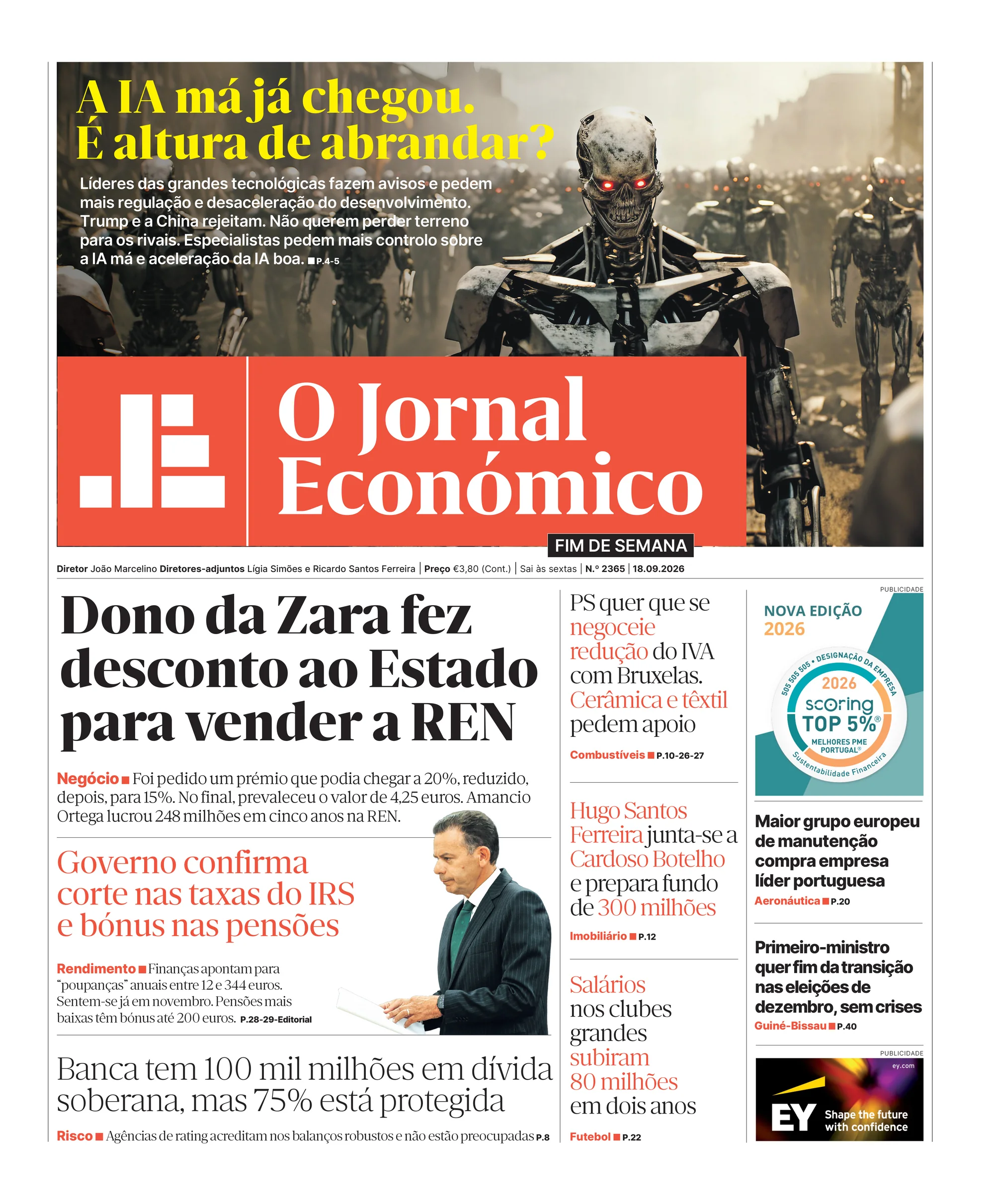 Capa do Jornal Económico de domingo, 20 de setembro de 2026
