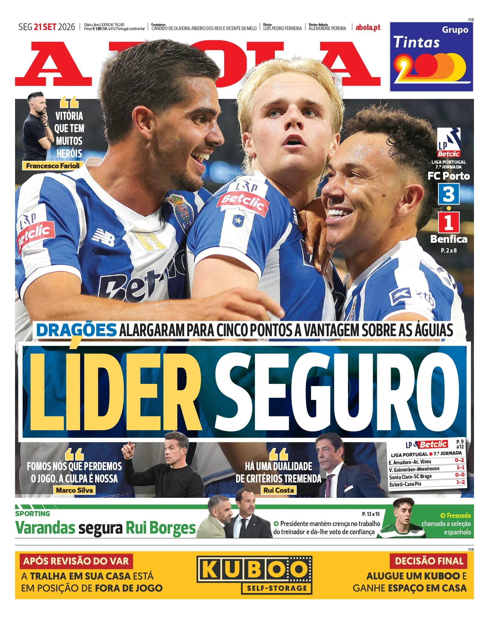 Capa do A Bola de segunda-feira, 21 de setembro de 2026
