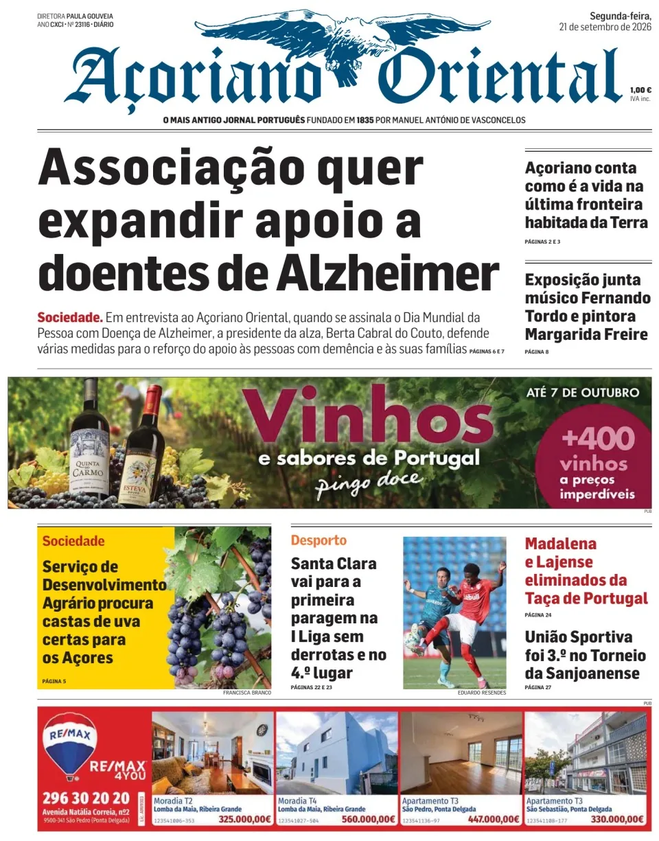 Capa do Açoriano Oriental de segunda-feira, 21 de setembro de 2026