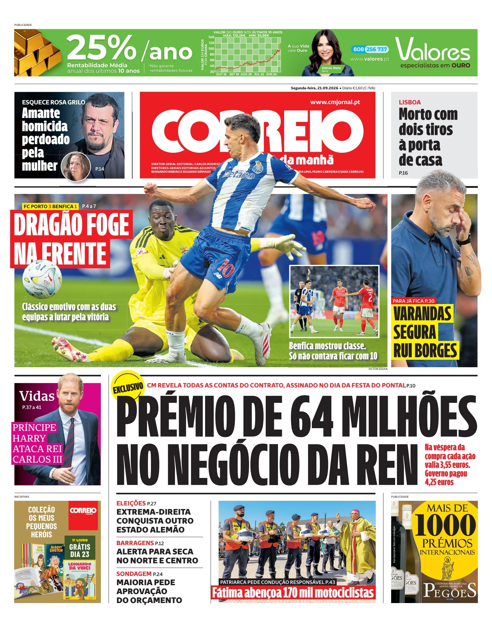 Capa do Correio da Manhã de segunda-feira, 21 de setembro de 2026