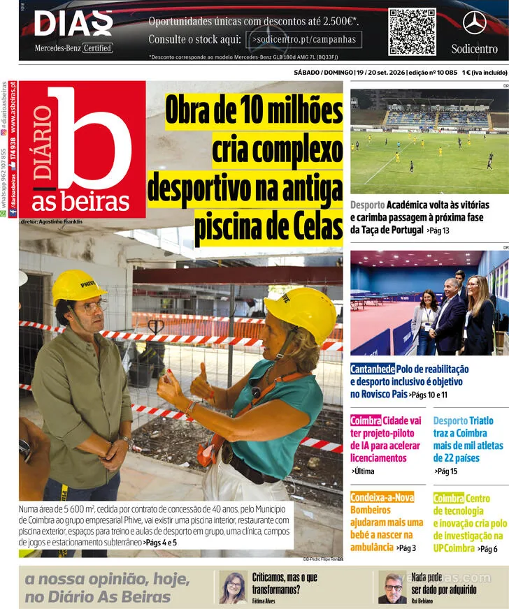 Capa do Diário As Beiras de segunda-feira, 21 de setembro de 2026