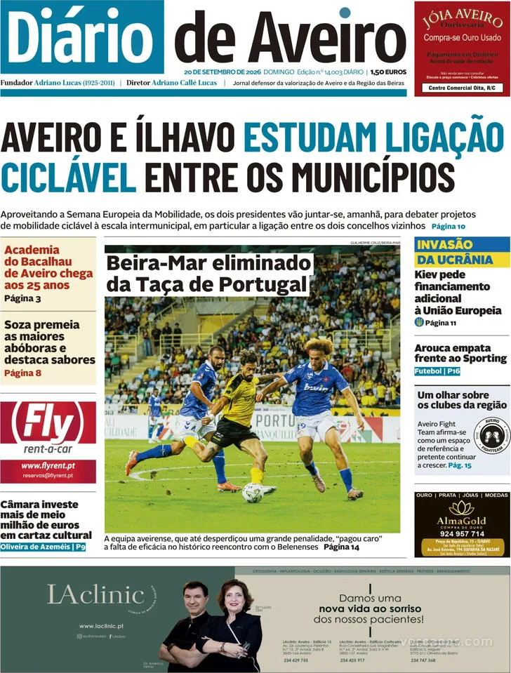 Capa do Diário de Aveiro de segunda-feira, 21 de setembro de 2026