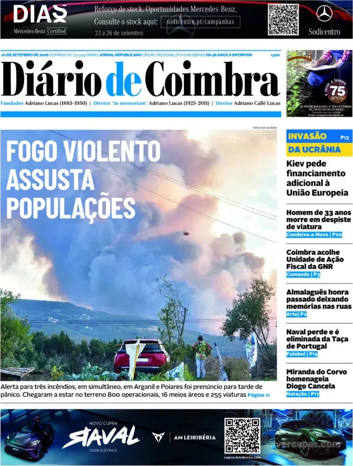 Capa do Diário de Coimbra de segunda-feira, 21 de setembro de 2026