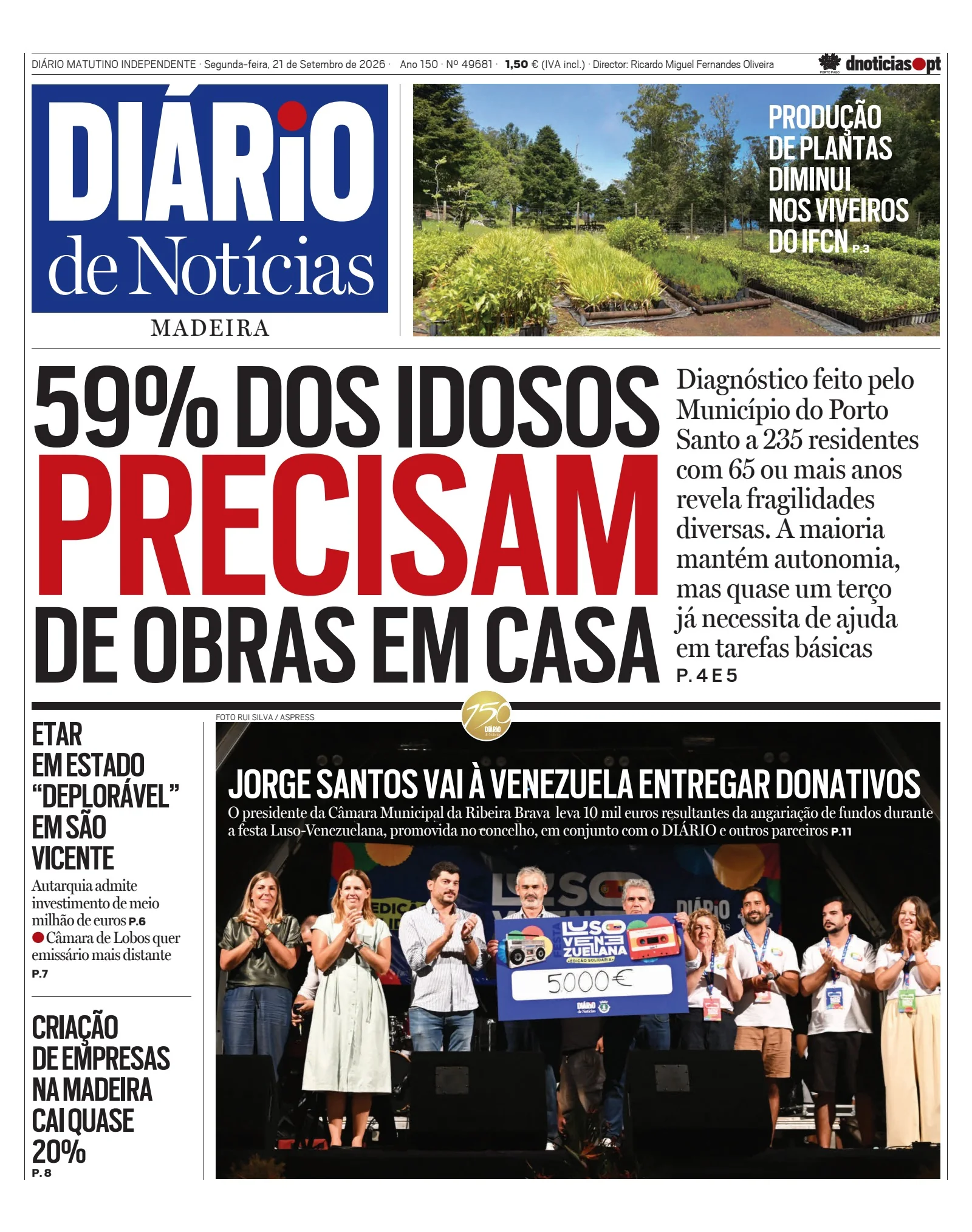 Capa do Diário de Notícias da Madeira de segunda-feira, 21 de setembro de 2026