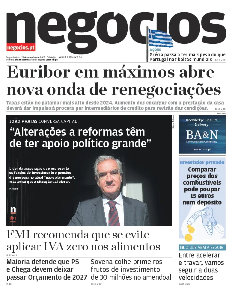 Capa do Jornal de Negócios de segunda-feira, 21 de setembro de 2026