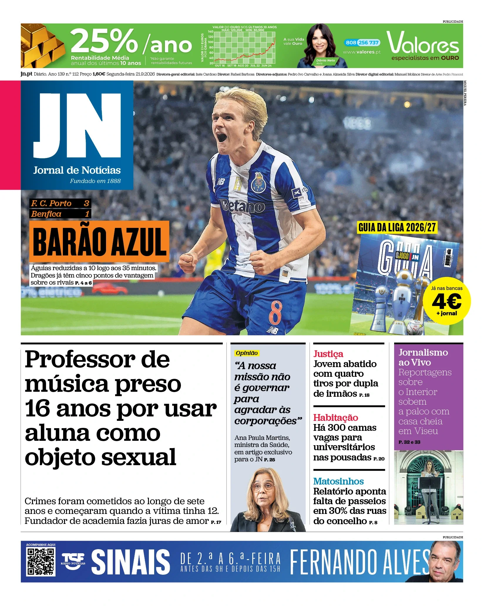 Capa do Jornal de Notícias de segunda-feira, 21 de setembro de 2026