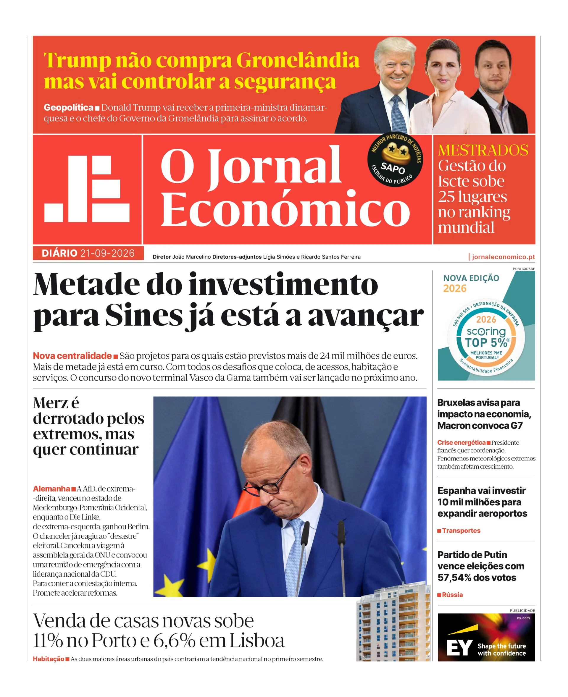 Capa do Jornal Económico de segunda-feira, 21 de setembro de 2026